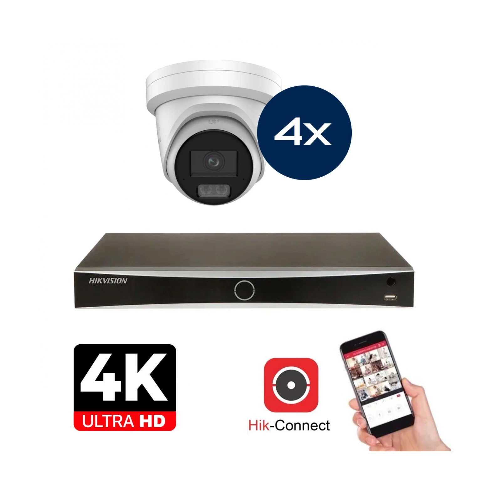 Conjunto de cámaras Hikvision - 4x Colorvu 3.0 - Torreta - 8MP (4K) - Audio en Microfoon - IP - Wit