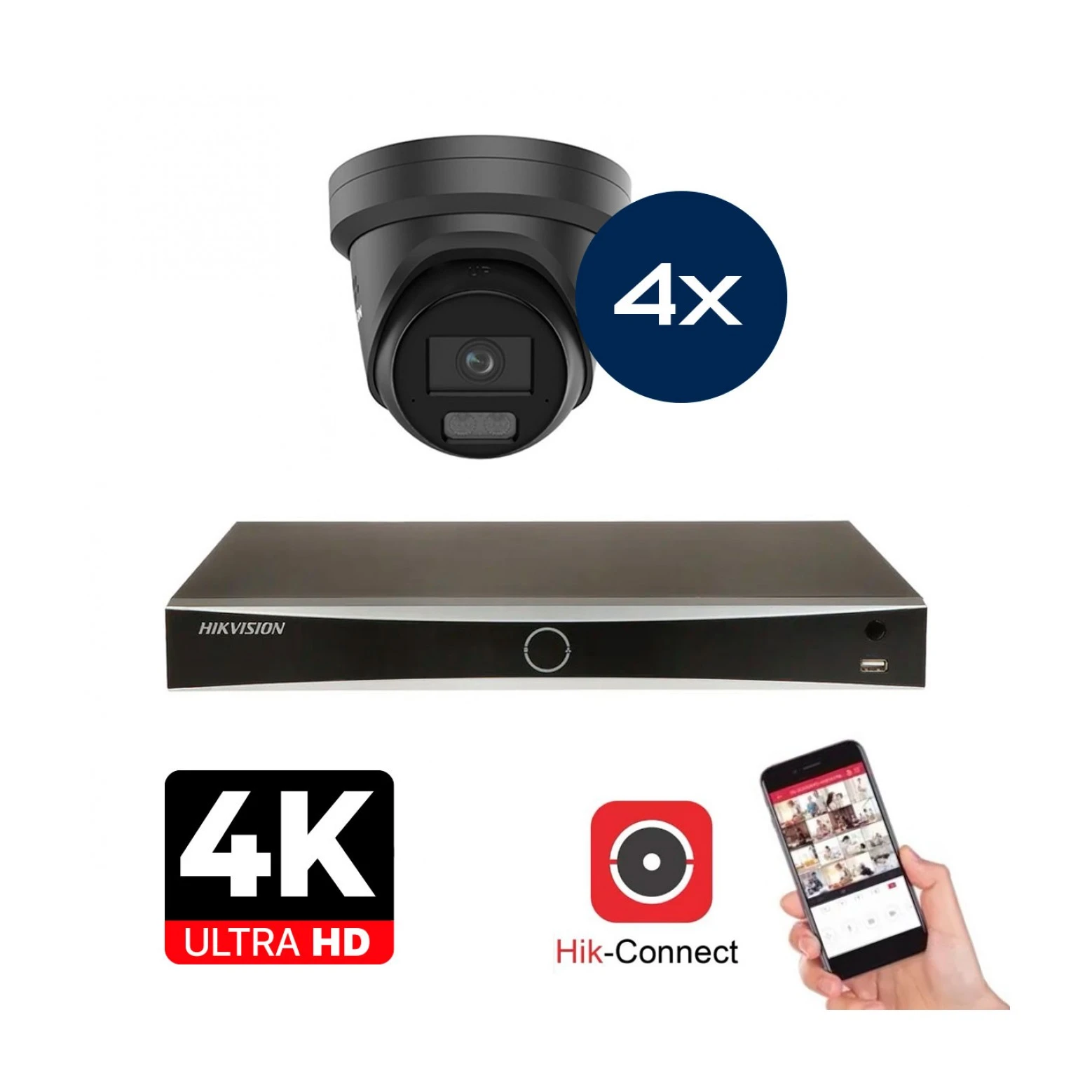 Hikvision Camera Set - 4x Colorvu 3.0 - Turret - 8MP (4K) - Audio y micrófono - IP - Negro